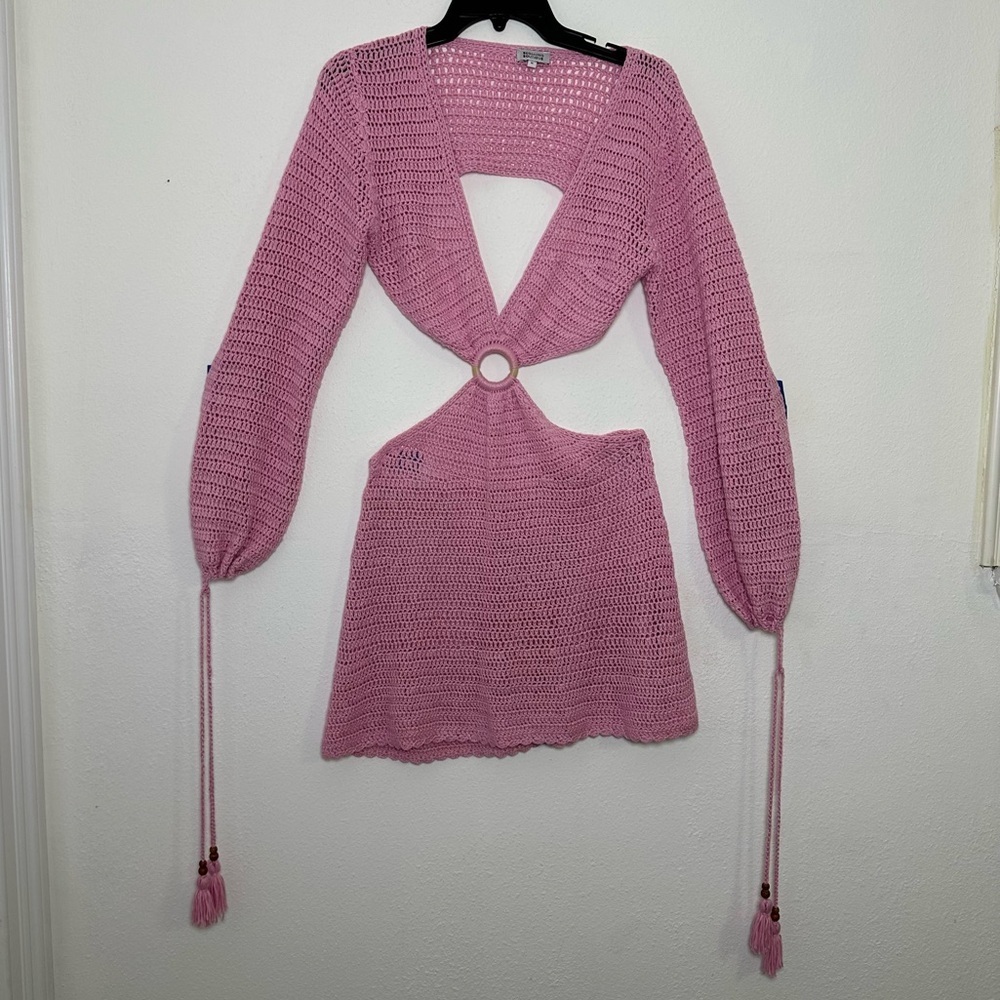 Beginning Boutique Long Sleeves Drawstrings Cut Out Pink Crochet Mini Dress - Picture 3 of 16
